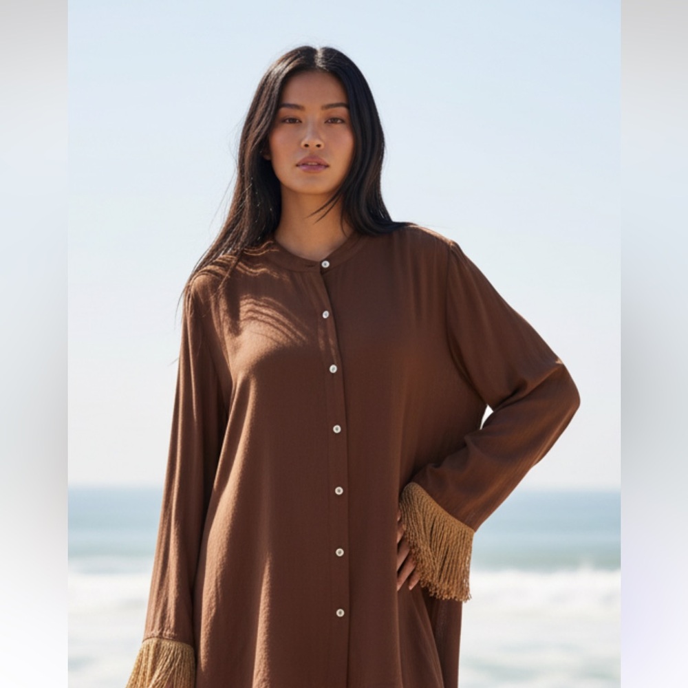 Weworewhat Fringe Cover Up Oversized Top Blouse Boho Modern West Button Front